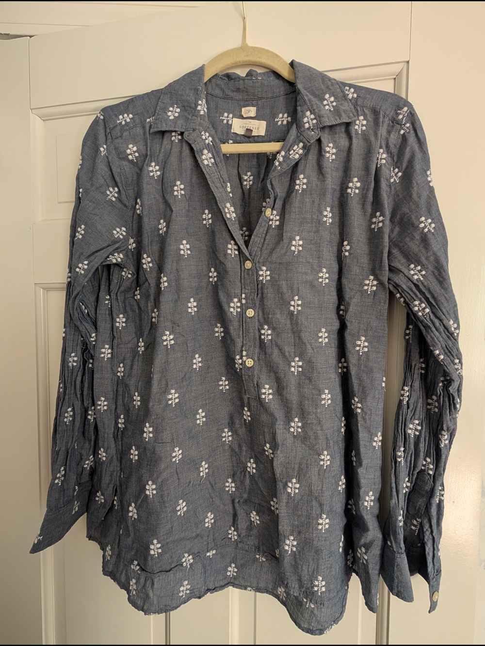 LOFT Chambray Blue Embroidered Pop-over Blouse